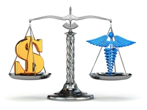 Choice health or money. Caduceus and dollar signs on scales.